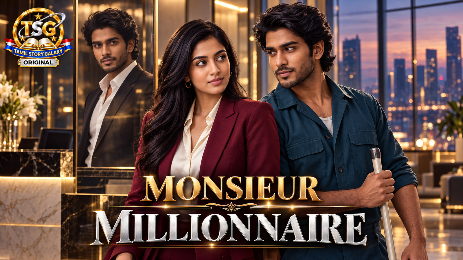 Affiche de Monsieur Millionnaire : une femme au centre, entourée du même homme en costume et en tenue de travail avec un balai.