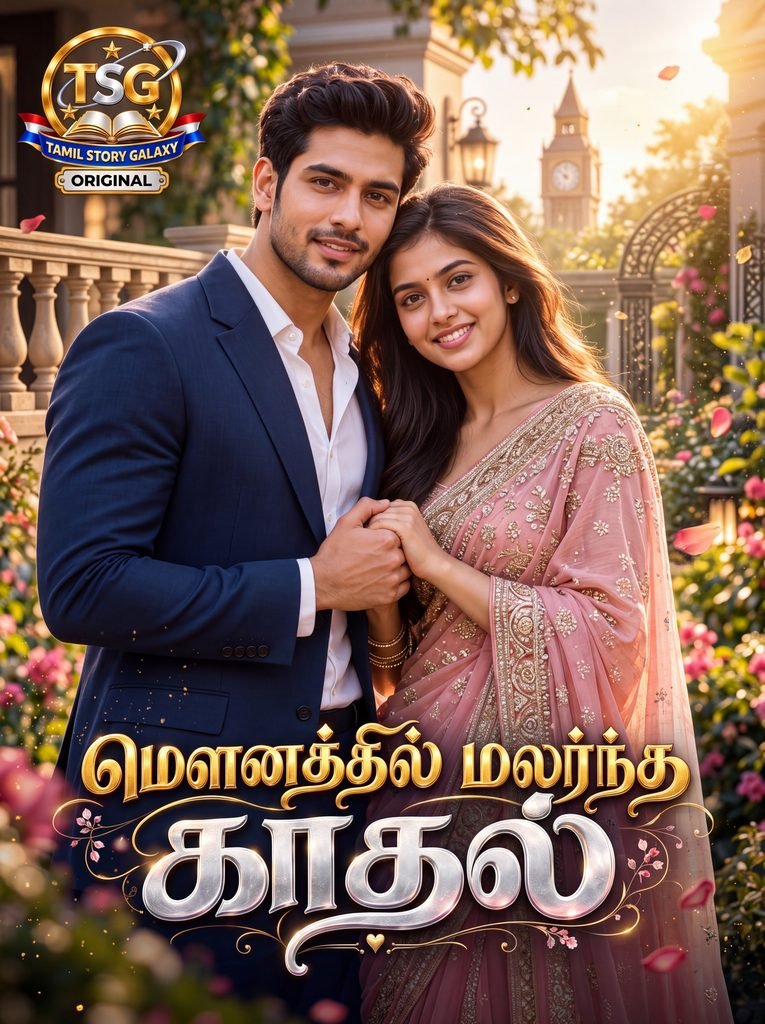 மௌனத்தில் மலர்ந்த காதல் நாவலின் அட்டைப்படம் — அஸ்வின் சிவாவும் யாமினியும் கைகோர்த்து நிற்கும் காட்சி.
