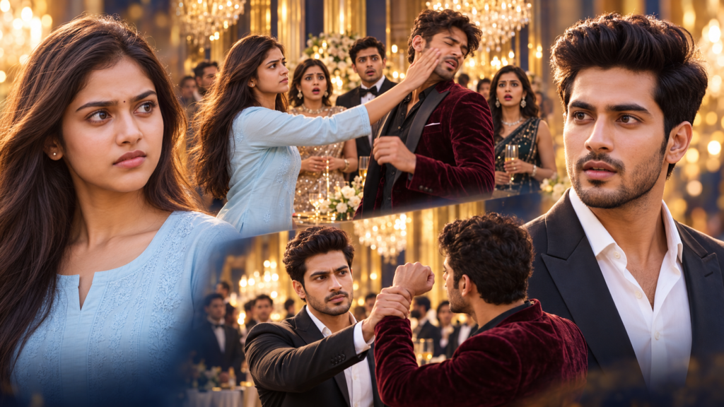 L’Amour éclos dans le silence Chapitre 2 1 Yamini, Ashwin et Raghav lors d’une confrontation pendant une réception dans un hôtel de Mumbai.