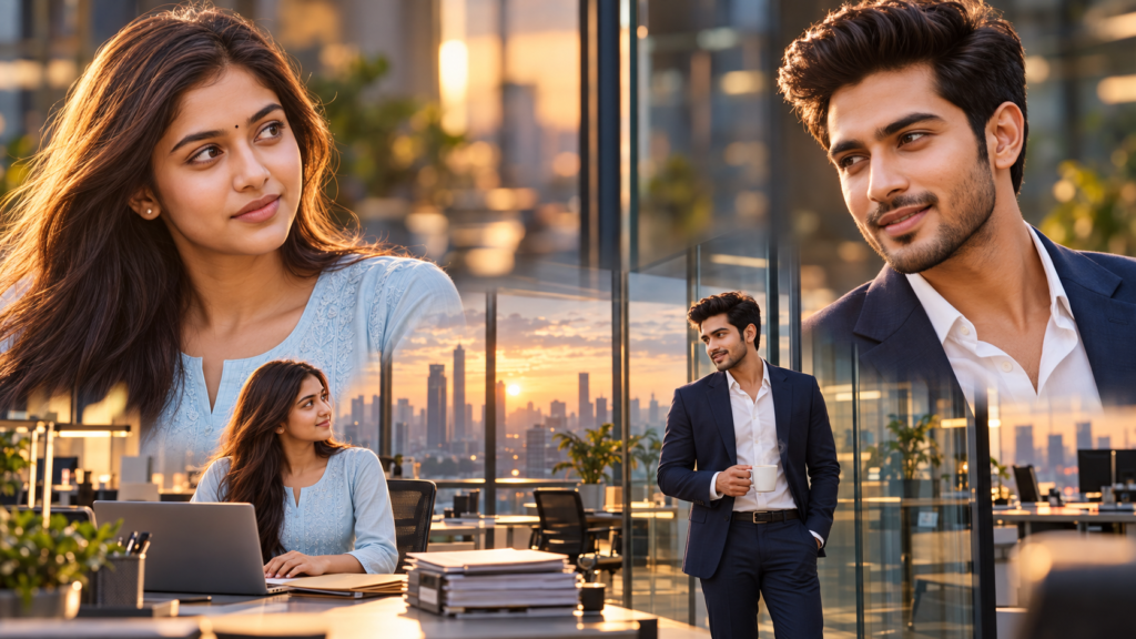 Love That Bloomed in Silence Chapter 5 1 Ashwin and Yamini exchange a hesitant glance across the office in the warm evening light.